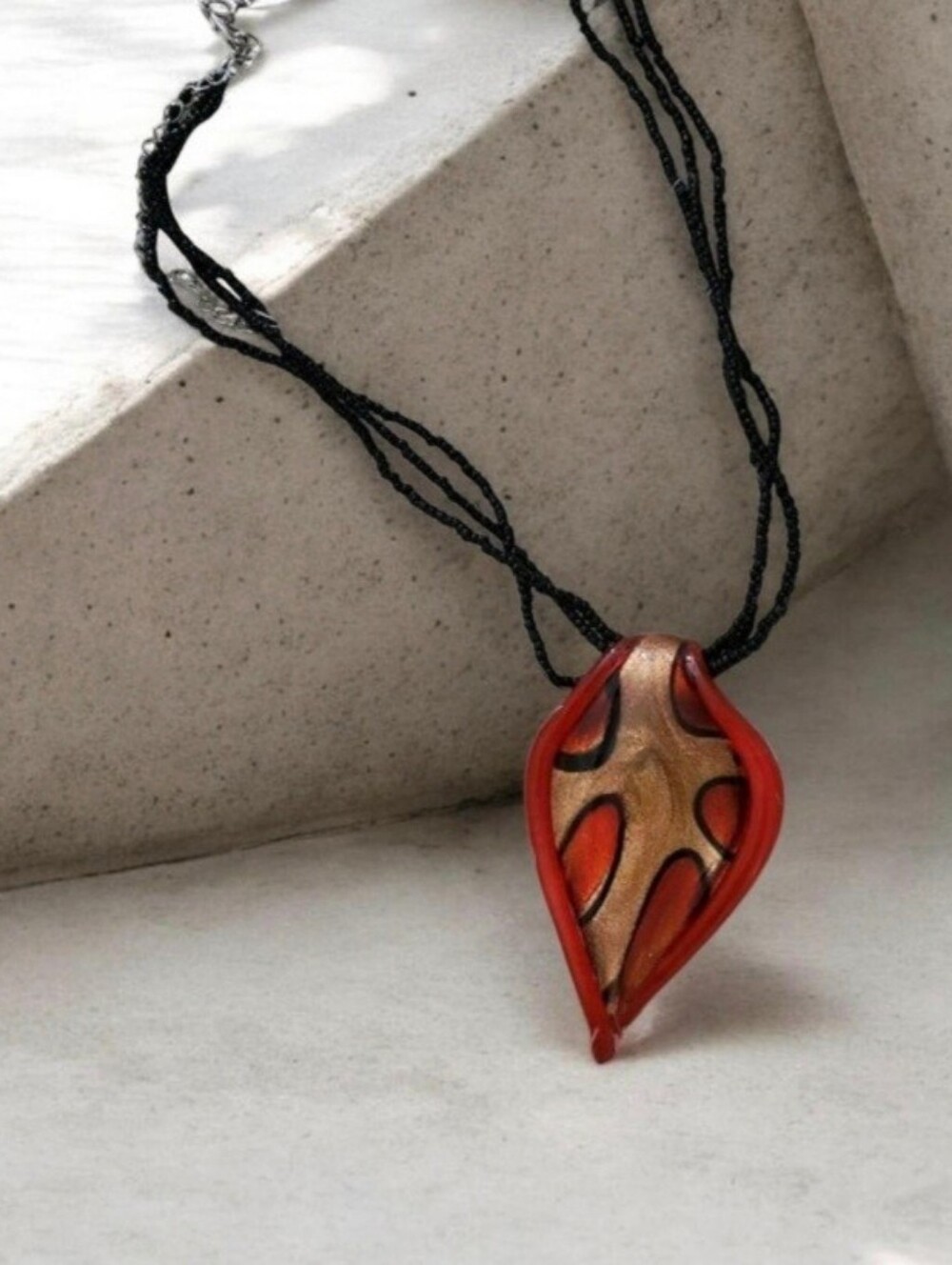 Red & Gold Lampwork Glass Beaded Chain Necklace